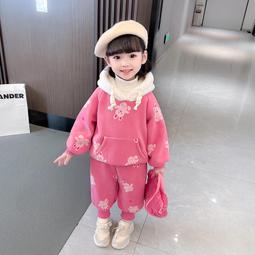 冬季女童加絨加厚套裝2023新款韓版洋派兒童連帽運動衫運動保暖 歷史價格詳細信息