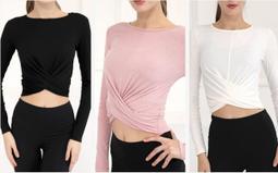 瑜伽長袖露肚上衣女跑步露腰T恤緊身運動健身短版上衣瑜伽訓練舞蹈普拉提速乾交叉長袖T恤 DST 歷史價格詳細信息