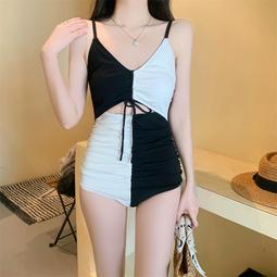 特價 撞色黑白新款韓國三角連體長袖防嗮時尚性感修身顯瘦泳衣女 歷史價格詳細信息