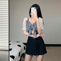 特價黑白抹胸一字肩游泳衣撞色小胸泳裝女帶休閒連身泳衣短袖 歷史價格詳細信息
