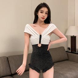 特價 撞色黑白新款韓國三角連體長袖防嗮時尚性感修身顯瘦泳衣女 歷史價格詳細信息