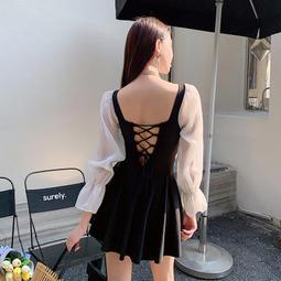 特價黑白抹胸一字肩游泳衣撞色小胸泳裝女帶休閒連身泳衣短袖 歷史價格詳細信息
