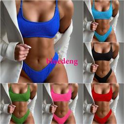 歐美比基尼純色背心式撞色拼接運動高腰高叉褲兩件式bikini泳衣女 歷史價格詳細信息