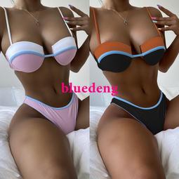 溫泉比基尼歐美性感藍色硬杯推高領帶風格丁字褲底雨巖裝飾Bikini泳衣 歷史價格詳細信息