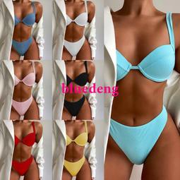 溫泉比基尼歐美性感藍色硬杯推高領帶風格丁字褲底雨巖裝飾Bikini泳衣 歷史價格詳細信息