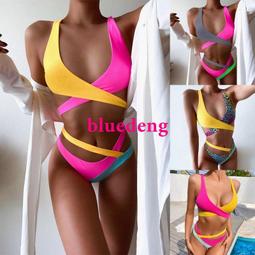 歐美新款撞色拼接比基尼女士沙灘性感溫泉度假三角bikini泳裝 歷史價格詳細信息