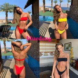 歐美比基尼棕色粉色蓝灰色針織坑條布背心式綁帶美背bikini泳衣女-星飛優選 歷史價格詳細信息