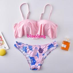 新款 歐美比基尼粉色雙肩綁帶胸前鏤空抽褶兩件式bikini泳衣女 歷史價格詳細信息
