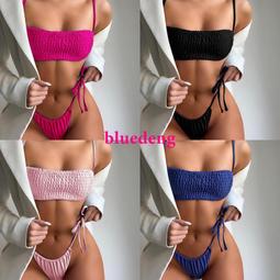 溫泉比基尼歐美性感藍色硬杯推高領帶風格丁字褲底雨巖裝飾Bikini泳衣 歷史價格詳細信息