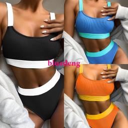 歐美比基尼純色背心式撞色拼接運動高腰高叉褲兩件式bikini泳衣女 歷史價格詳細信息