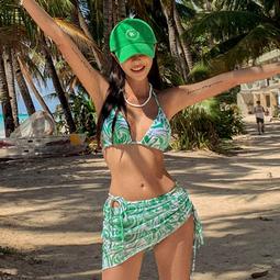 掛脖分體性感三點式比基尼泳衣大胸聚攏黑色女高腰微胖mm大碼 歷史價格詳細信息