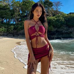 沙灘度假三件套遊泳衣女時尚性感闊腿褲休閒保守聚攏溫泉泳裝 歷史價格詳細信息