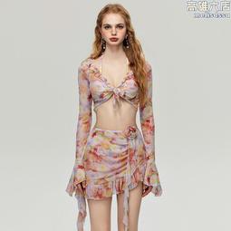 2024新款分體四件套泳衣女泡溫泉辣妹扎染純欲風遮肚顯瘦泳衣 歷史價格詳細信息