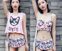 比基尼妮.泳衣咪咪貓短袖三件式短褲大童泳裝 歷史價格詳細信息