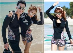 情侶泳裝☆&deg;安可小舖＊星國長袖防曬情侶泳衣衝浪浮潛瑜珈慢跑四件式溫泉游泳衣比基尼泳裝，女生1300元 歷史價格詳細信息