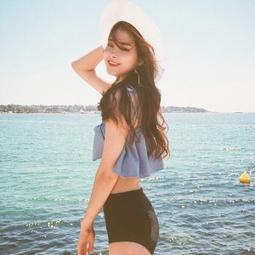 (葵妮小舖)0032韓國女游泳衣分體平角高腰遮肚聚攏小胸大荷葉邊一字肩比基尼泳裝 歷史價格詳細信息