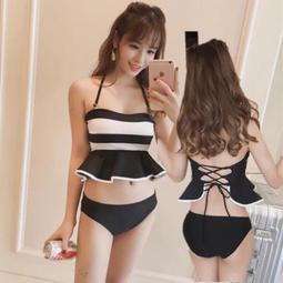 (葵妮小舖)0032韓國女游泳衣分體平角高腰遮肚聚攏小胸大荷葉邊一字肩比基尼泳裝 歷史價格詳細信息