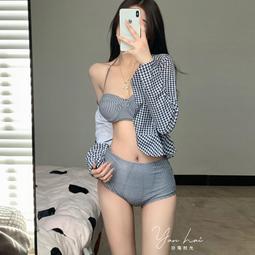 泳衣女ins分體罩衫三件套比基尼千鳥格高腰顯瘦遮肚 溫泉度假泳裝 歷史價格詳細信息