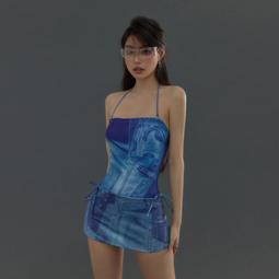 甜酷牛仔連體褲港風卷邊短褲女夏季復古收腰顯瘦闊腿褲連衣褲套裝 歷史價格詳細信息