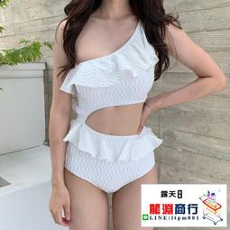 龍淵商行「泳衣泳褲」黑色白單肩鏤空比基尼連身性感溫泉泳裝小胸無袖休閒胸墊泳衣 歷史價格詳細信息