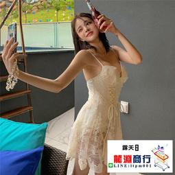 龍淵商行「泳衣泳褲」蕾絲杏色比基尼游泳衣連身顯瘦裙式短袖無鋼圈帶胸墊休閒泳衣 歷史價格詳細信息