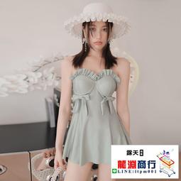 龍淵商行「泳衣泳褲」女游泳衣抹胸藍色簡約比基尼溫泉泳裝帶胸墊休閒連身純色泳衣 歷史價格詳細信息