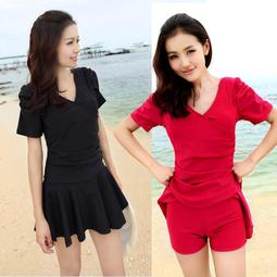 泳衣女連身平角裙式胖MM保守遮肚顯瘦聚攏大尺碼短袖運動溫泉遊泳裝 歷史價格詳細信息