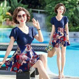 大尺碼媽媽泳衣女時尚保守裙式遮肚子兩件式四角褲溫泉短袖泳裝中老年 歷史價格詳細信息