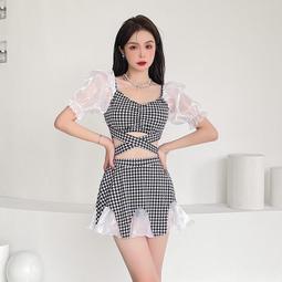 2022新款韓版女童游泳衣兒童泡泡袖連體泳衣三角黑白桃心可愛泳裝-奇點家居 歷史價格詳細信息