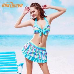 Heatwave熱浪泳衣女條紋分體顯瘦聚攏裙式游泳比基尼三件套 歷史價格詳細信息