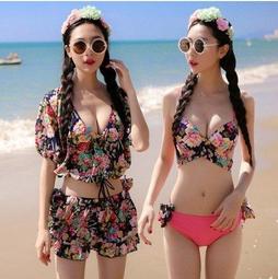 Bikini泳衣╭☆°來福彩虹＊戀花之美長褲式鋼圈泳衣三件式溫泉泳裝游泳衣比基尼，特價850元 歷史價格詳細信息