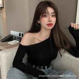 女裝 辣妹斜領露肩長袖T恤女秋季新款設計感褶皺修身顯瘦打底上衣 歷史價格詳細信息