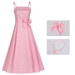 Barbie芭比粉色格子連衣裙cos服真人可穿電影同款衣服play女裝夏【吉星動漫】 歷史價格詳細信息