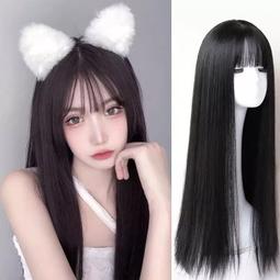 假發女空氣齊劉海淺棕色長直發逼真大頭皮假發套自然日常loli假發 歷史價格詳細信息