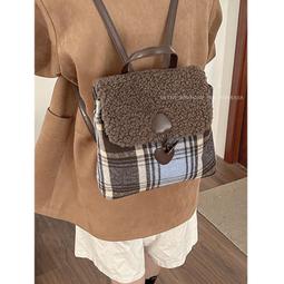 毛呢格子雙肩包包女2023新款潮復古學院風公文包百搭大容量手提包 歷史價格詳細信息