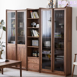 北美黑胡桃木落地書櫃辦公櫃簡約實木玻璃組合書架書房 歷史價格詳細信息