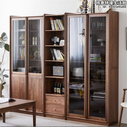 北美黑胡桃木落地書櫃辦公櫃簡約實木玻璃組合書架書房 歷史價格詳細信息