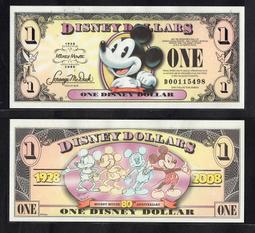 美國  迪士尼樂園 1美元 紀念鈔  2008年發行  全新  無摺痕 - 3 歷史價格詳細信息