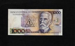巴西1989年版1 Cruzado Novo紙鈔１枚。－些微黃斑－－【加蓋改值版】－(2)（BRASIL） 歷史價格詳細信息