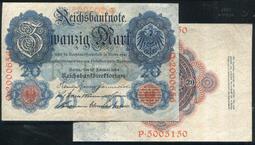 【紙幣】Germany(德國),P46b, 20-Mark, 1914 7軌 品相美VF #211308 歷史價格詳細信息