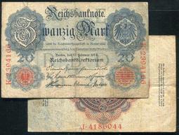 【紙幣】Germany(德國),P46b, 20-Mark, 1914 7軌 品相美VF #211308 歷史價格詳細信息