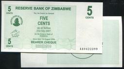 ZIMBABWE（辛巴威紙幣），P34，5-CENT，2007品相全新，UNC 歷史價格詳細信息