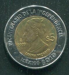 【雙色幣】Mexico(墨西哥),5-PESO 2009,Servando T. M. #206664 ,品相全新UNC 歷史價格詳細信息