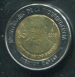 【雙色幣】Mexico(墨西哥),5-PESO 2008,Mariano M.s #206649 ,品相全新UNC 歷史價格詳細信息