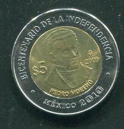 【雙色幣】Mexico(墨西哥),5-PESO 2008,Mariano M.s #206649 ,品相全新UNC 歷史價格詳細信息