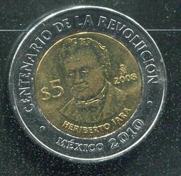 【雙色幣】Mexico(墨西哥),5-PESO 2008,Francisco J. M. #206641 ,品相全新UN 歷史價格詳細信息