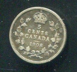 【銀幣15.5mm】Canada (加拿大),5 Cent#208618 , K22 , 1919 品相普上F+ 歷史價格詳細信息