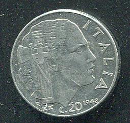 【錢幣】ITALY (義大利),   , 20 Centesimi  , K75b  , 1942 ,品相9新AU #202812 價格比較,價格查詢,歷史價格詳細信息
