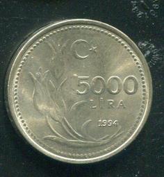 【硬幣】TURKEY (土耳其), 5000 Lira , K1025 , 1994 #207780 品相全新UNC 價格比較,價格查詢,歷史價格詳細信息