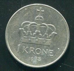 【硬幣】NORWAY(挪威)，1 KRONE，K385，1939 ，品相美上VF+ #191504 歷史價格詳細信息